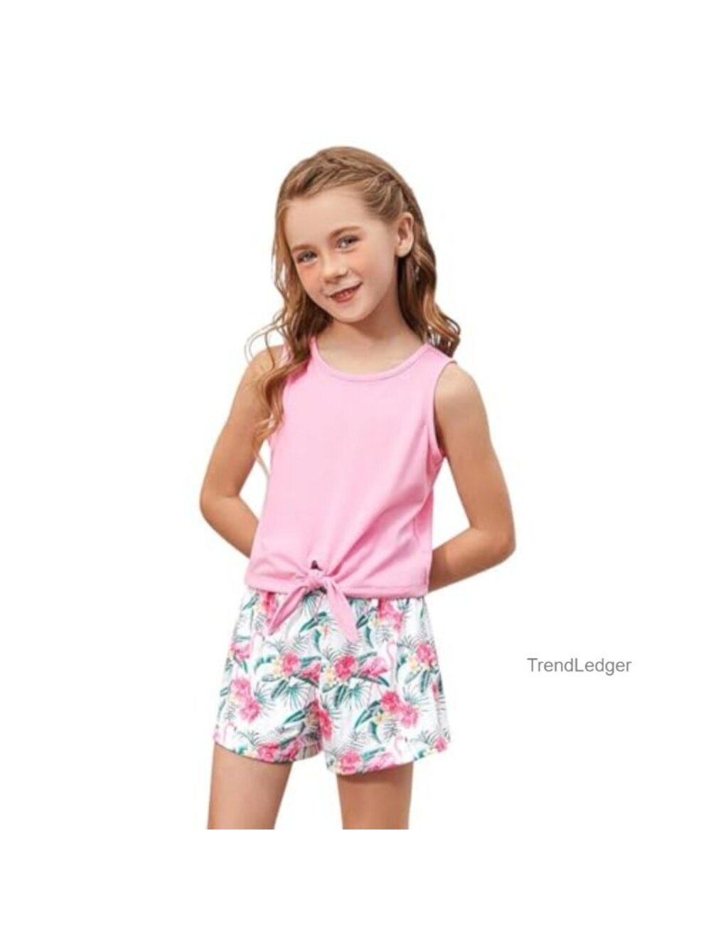 Girls 2 Piece Tie Knot Tank Top Paperbag Waist Shorts Set